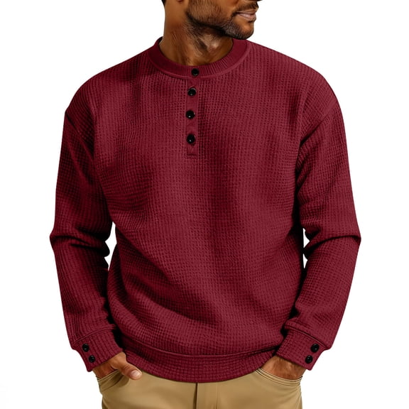 Hxshgdsn Mens Trendy Waffle Henley Shirt Long Sleeve Knit Pullover Sweater Crewneck Textured Loose Casual 1/4 Button Blouse Red S