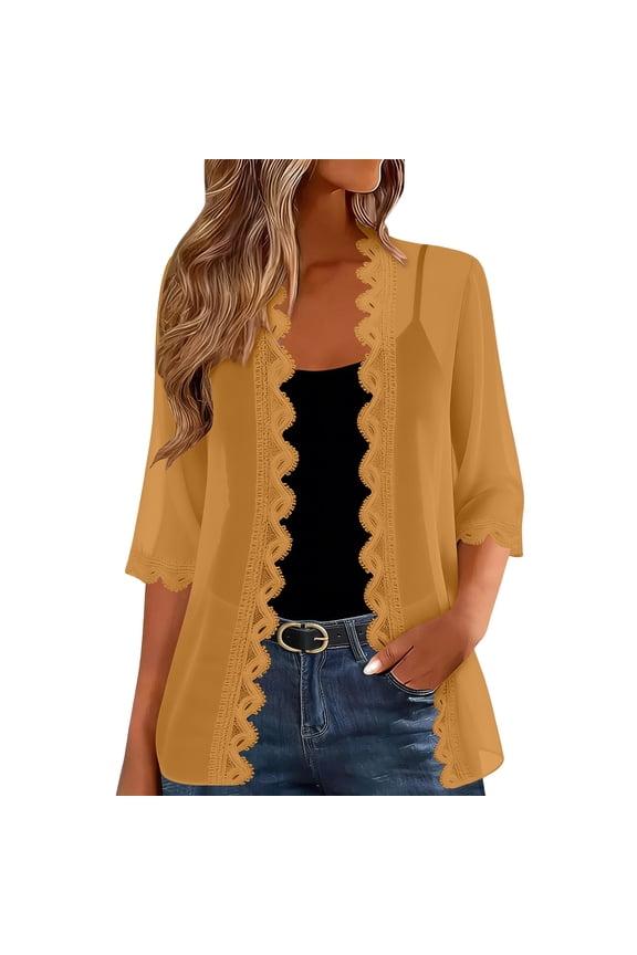 Open Front Cardigans for Womens Three Quarter Sleeve Sheer Chiffon Jacket Casual Cardigans with Lace Trim Summer and Beach Wear(Khaki/S)