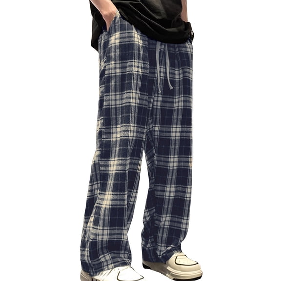 Hxshgdsn Plaid Sweatpants For Men Wide Leg Drawstring Elastic Waist Color Block Long Pants Casual Trendy Outdoor Navy Xl