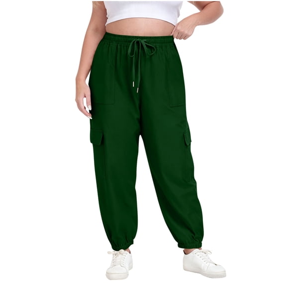 Hxshgdsn Plus Size Cargo Pants For Women Elastic High Waist With Drawstring Joggers Multi Pockets Cuffs Sweatpants Green 5Xl