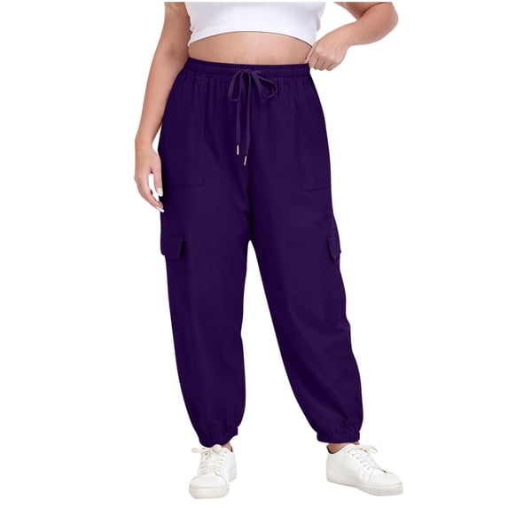 Hxshgdsn Plus Size Cargo Pants For Women Elastic High Waist With Drawstring Joggers Multi Pockets Cuffs Sweatpants Purple 2Xl