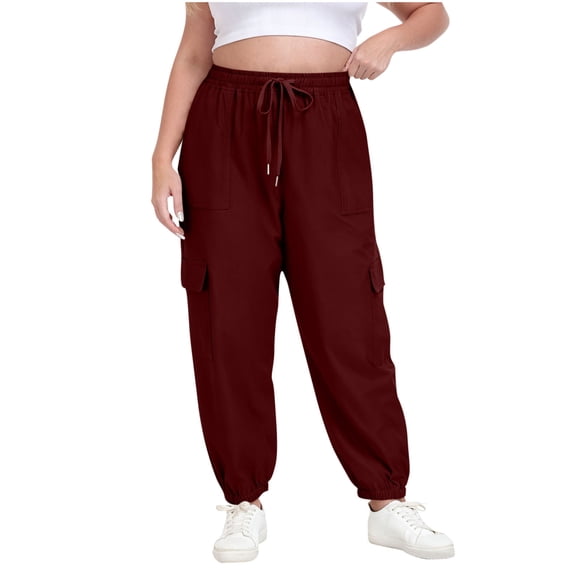 Hxshgdsn Plus Size Cargo Pants For Women Elastic High Waist With Drawstring Joggers Multi Pockets Cuffs Sweatpants Wine 2Xl