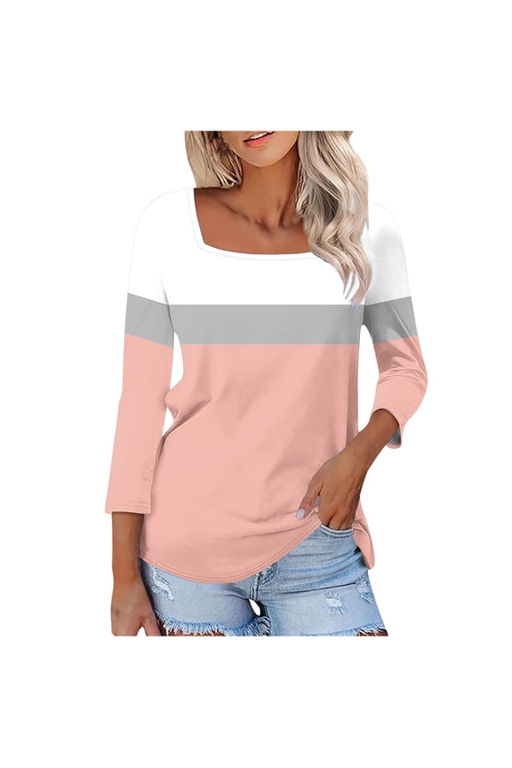 Plus Size Color Block Shirts for Women Long Sleeve Casual Trendy Pullover Tees(Orange/2XL)