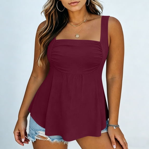Hxshgdsn Plus Size Tank Tops for Womens Sleeveless Square Neck Ruched Front Peplum Top Loose Fit(Wine/5XL)