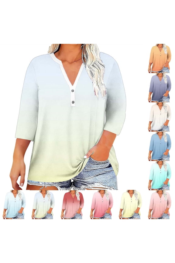 Plus Size Womens 3/4 Sleeve Blouse V Neck Button Gradient Color T Shirt Trendy Oversized Tops Summer Yellow Xl