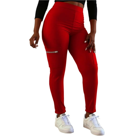 Hxshgdsn Plus Size Womens High Waisted Leggings Butt Lifting Cargo Legging With Zipper Pocket Stretchy Tight Fitting Yoga Pants Red S
