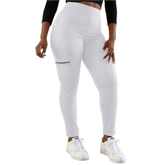 Hxshgdsn Plus Size Womens High Waisted Leggings Butt Lifting Cargo Legging With Zipper Pocket Stretchy Tight Fitting Yoga Pants White Xl