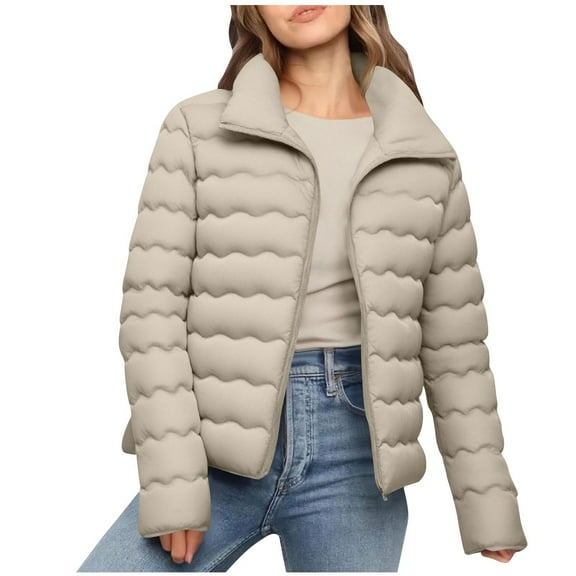 Hxshgdsn Quilted Puffer Jackets For Women Lightweight Zip Up Stand Collar Coat Winter Warm Outerwear Khaki 1 3Xl