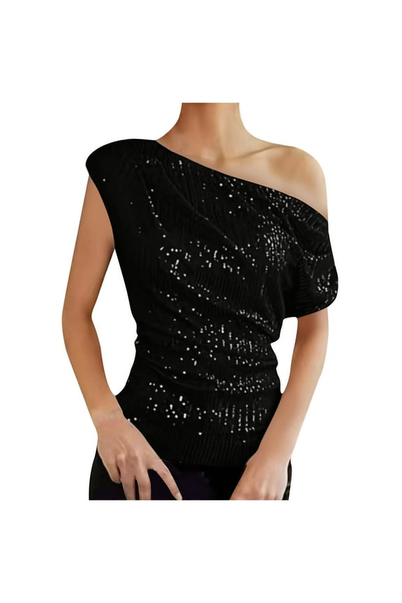 Sequin Sparkly Tops For Women One Shoulder Ruched Asymmetrical Sparkle Glitter Tops Slim Fit Party Shirts Black 2Xl