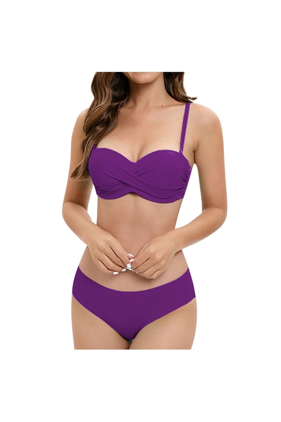 Spaghetti Strap Bikini Sets For Women Cheeky Bandeau Tops And High Waist Panty Swimsuit 2Piece Pink M