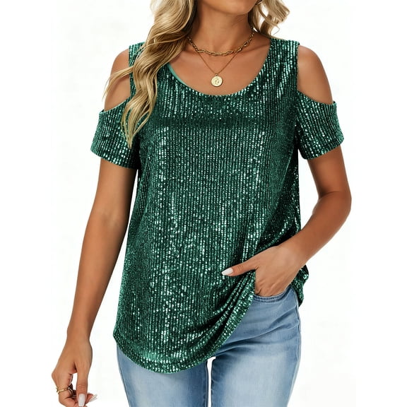Hxshgdsn Sparkly Sequin Top For Women Cropped Shoulder Short Sleeve Shirts Loose Fit Evening Glitter Blouse Outfits Party Green M