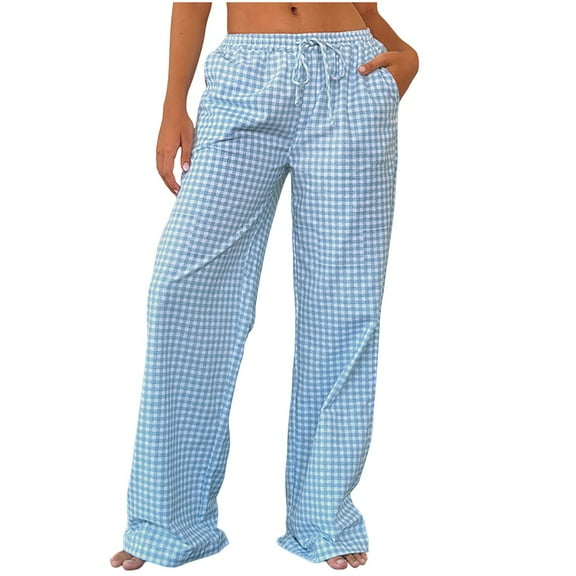 Hxshgdsn Summer Casual Plaid Pants for Women Drawstring Elastic High Waist Wide Leg Loose Pants with Pockets,Blue,L