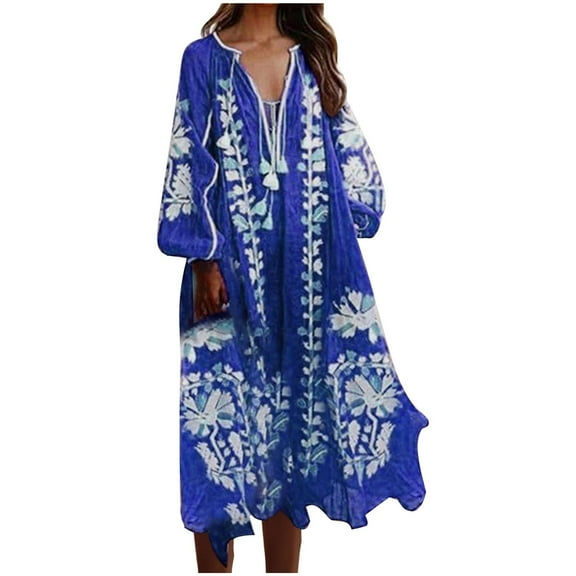 Hxshgdsn Summer Floral Print Maxi Dress Women V-Neck Long Sleeve Dress Flowy Bohemian Beach Party Dresses,Blue,L