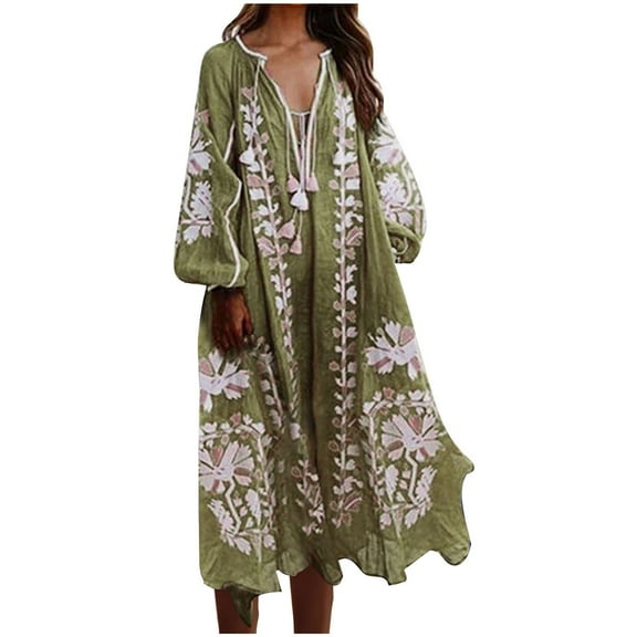 Hxshgdsn Summer Floral Print Maxi Dress Women V-Neck Long Sleeve Dress Flowy Bohemian Beach Party Dresses,Khaki,L