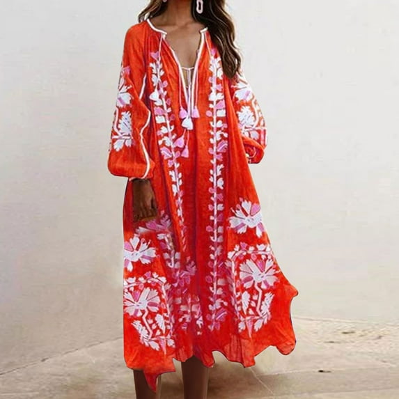 Hxshgdsn Summer Floral Print Maxi Dress Women V-Neck Long Sleeve Dress Flowy Bohemian Beach Party Dresses,Red,2XL