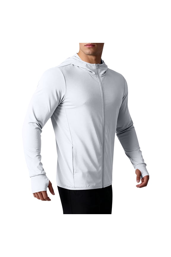 Summer Hooded Jacket for Mens UPF 50+ Sun Protection Full Zip Up Long Sleeve with Thumb Holes Pockets Lightweight Outdoor Coat（White/XS）
