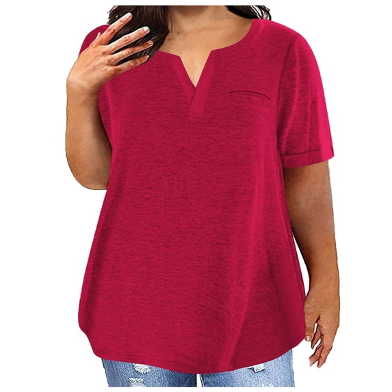Hxshgdsn Summer Plus Size Cotton T Shirts Womens Loose Fit V Neck Tops Short Sleeve L-5X Stretchy Casual L Tees (L, Red)