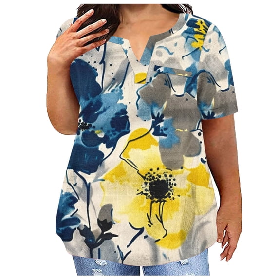 Hxshgdsn Summer Plus Size Cotton T Shirts Womens Loose Fit V Neck Tops Short Sleeve L-5X Stretchy Casual L Tees (XL, Yellow 01)