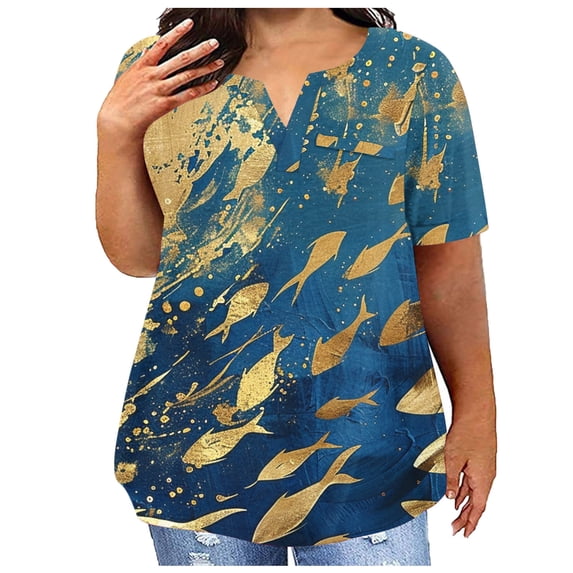 Hxshgdsn Summer Plus Size Cotton T Shirts Womens Loose Fit V Neck Tops Short Sleeve L-5X Stretchy Casual L Tees (XXL, Blue 02)