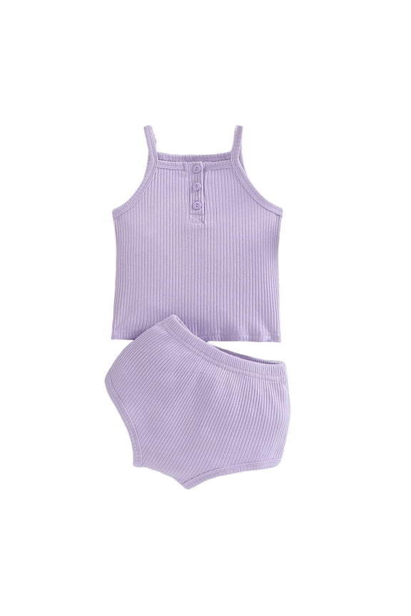 Summer Toddler Girls Clothes Sets 2Piece Ribbed Sleeveless Camisole Tops With Buttons Shorts Casual Soft Outfits Birthday Gift Purple 70