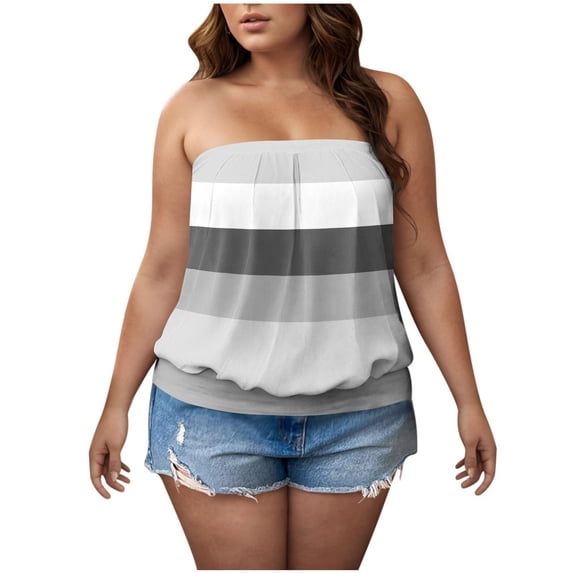 Hxshgdsn Summer Women Plus Size Tube Top Strapless Pleated Striped Color Block Bandeau Shirt Off Shoulder Tunic Top(Gray/L)