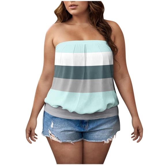 Hxshgdsn Summer Women Plus Size Tube Top Strapless Pleated Striped Color Block Bandeau Shirt Off Shoulder Tunic Top(Mint Green/S)
