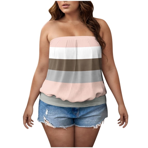 Hxshgdsn Summer Women Plus Size Tube Top Strapless Pleated Striped Color Block Bandeau Shirt Off Shoulder Tunic Top(Multicolor/S)
