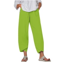 Hxshgdsn Trendy Pants for Women 2025 Wide Leg Summer Casual Loose Elastic Waist Lantern Tapered Cropped Pants with Pockets,Green,M