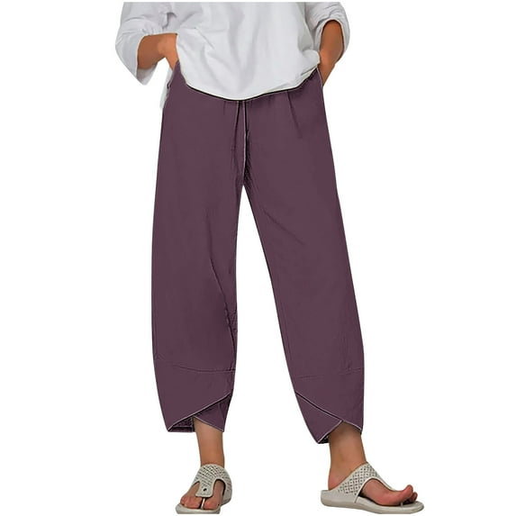 Hxshgdsn Trendy Pants for Women 2025 Wide Leg Summer Casual Loose Elastic Waist Lantern Tapered Cropped Pants with Pockets,Purple,5XL