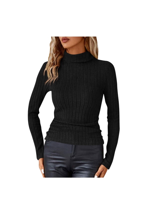 Turtleneck Ribbed Sweaters For Women Slim Fit Long Sleeve Pullover Tops Casual Warmwear Black Xl