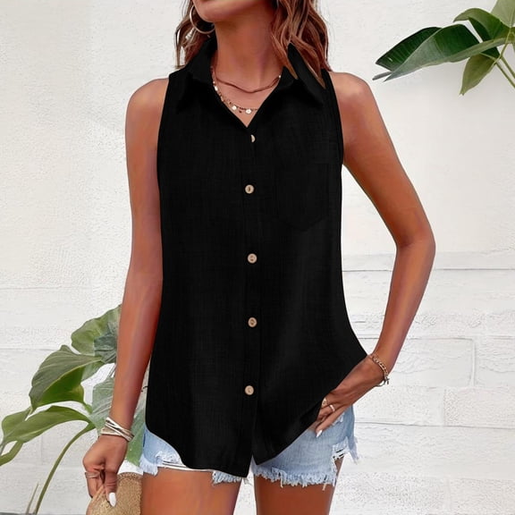 Hxshgdsn V Neck Cardigan Vest For Womens Sleeveless Solid Color Tops Casual Daily Tees Black L