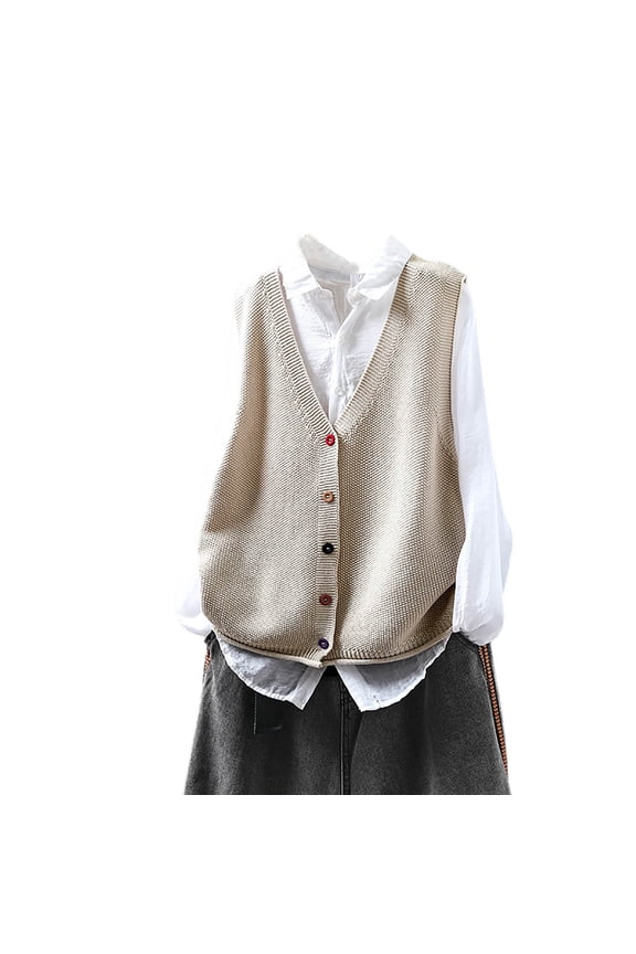 V Neck Knit Vest Sweaters For Women Button Up Sleeveless Pocket Winter Pullover Jumpers Jacket Fall Beige Free Size