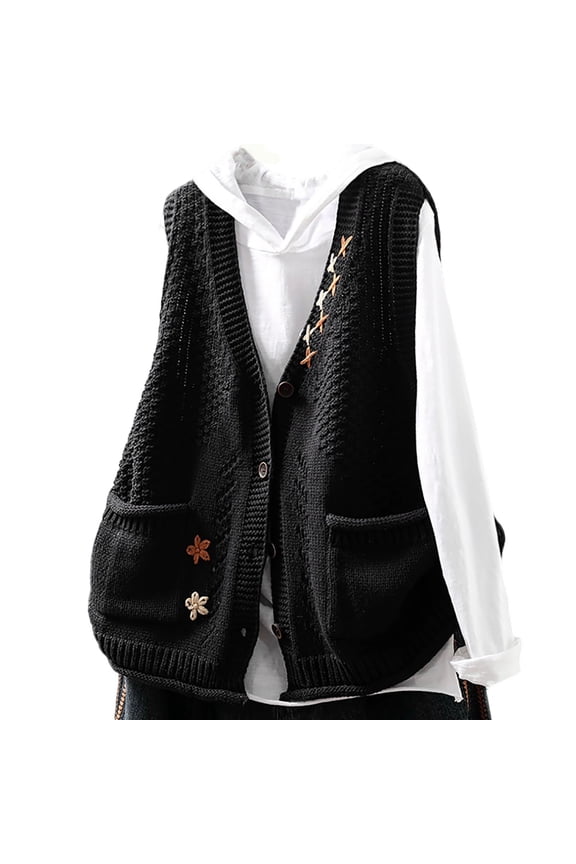 V Neck Knit Vest Sweaters For Women Button Up Sleeveless Pocket Winter Pullover Jumpers Jacket Fall Black 2 Free Size