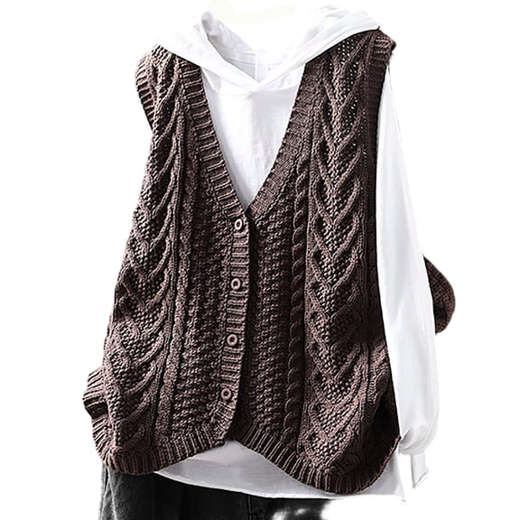 Hxshgdsn V Neck Knit Vest Sweaters For Women Button Up Sleeveless Pocket Winter Pullover Jumpers Jacket Fall Coffee 3 Free Size