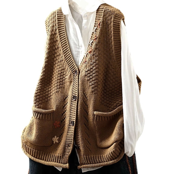 Hxshgdsn V Neck Knit Vest Sweaters For Women Button Up Sleeveless Pocket Winter Pullover Jumpers Jacket Fall Khaki 2 Free Size