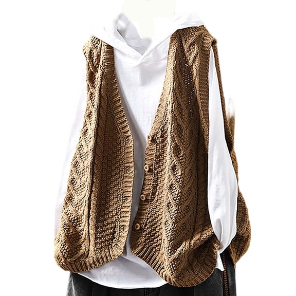 Hxshgdsn V Neck Knit Vest Sweaters For Women Button Up Sleeveless Pocket Winter Pullover Jumpers Jacket Fall Khaki 3 Free Size