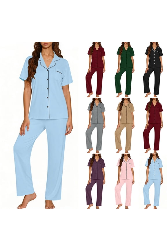V Neck Pajamas Sets For Women 2Piece Button Down Turndown Collar Tops Elastic Long Pants Comfy Pj Loungewear Wine Xl