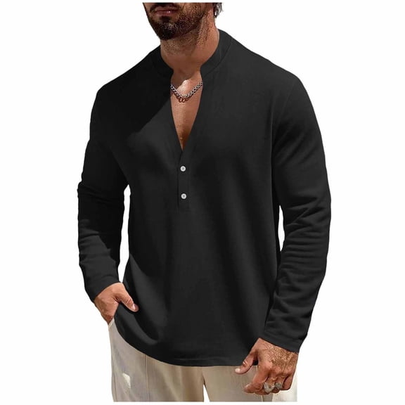 Hxshgdsn V Neck T Shirt For Men Long Sleeve Button Collar Blouse Loose Fit Soft Sporty Tops Black M