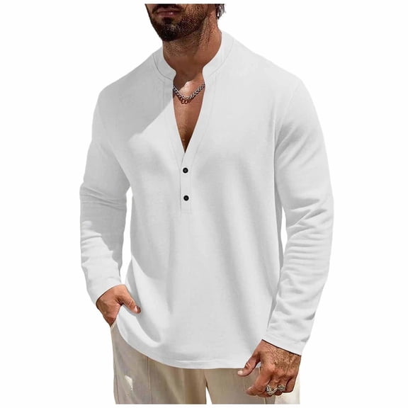 Hxshgdsn V Neck T Shirt For Men Long Sleeve Button Collar Blouse Loose Fit Soft Sporty Tops White M
