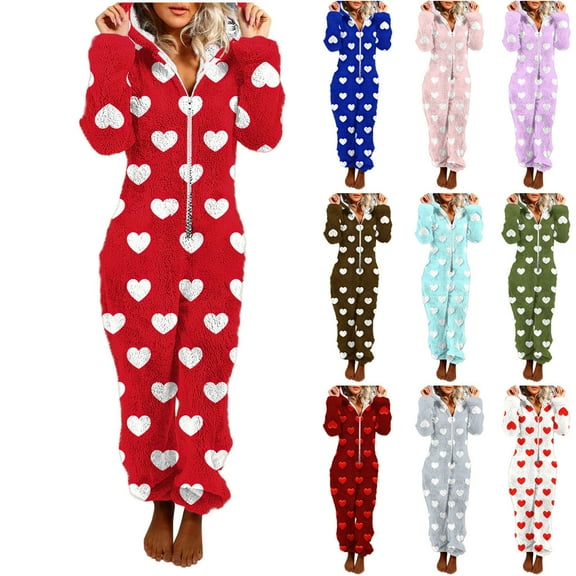 Hxshgdsn Valentines Fuzzy Onesie For Womens Cute Printed Night Jumpsuit With Hood Soft Warm Loungewear White Xl