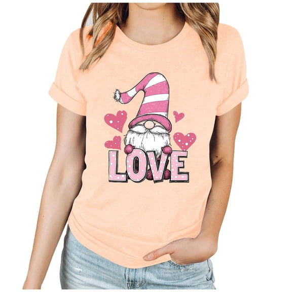 Hxshgdsn Valentines Shirts For Womens Cute Printed Short Sleeves Crew Neck Tee Trendy Causal Holiday Tops Beige 1 L