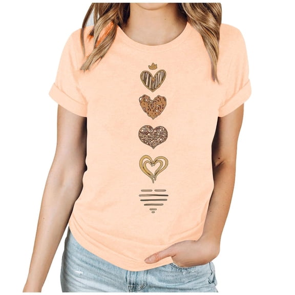 Hxshgdsn Valentines Shirts For Womens Graphic Love Heart Short Sleeves Tee Crew Neck Trendy Causal Holiday Tops Beige M