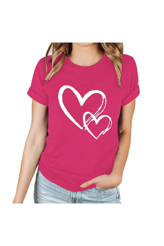 Valentines Shirts For Womens Graphic Love Heart Short Sleeves Tee Crew Neck Trendy Causal Holiday Tops Hot Pink 1 S