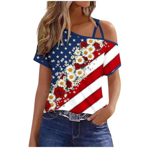 Hxshgdsn Vintage Shirts for Women July 4th American Flag Print Cold Shoulder Short Sleeve Casual T Shirt(Red/M)