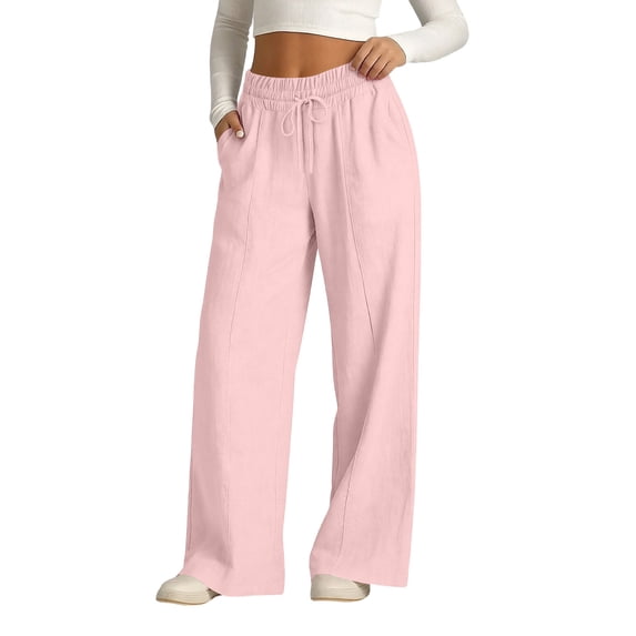 Hxshgdsn Wide Leg Long Sweatpants for Womens Solid Elastic Waist Drawstring Wide Leg Flowy Pants with Pockets Loungewear(Pink/M)