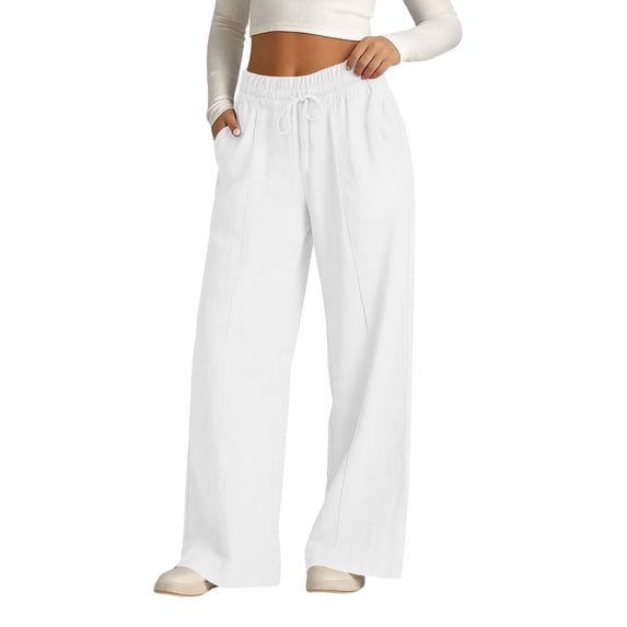 Hxshgdsn Wide Leg Long Sweatpants for Womens Solid Elastic Waist Drawstring Wide Leg Flowy Pants with Pockets Loungewear(White/XL)