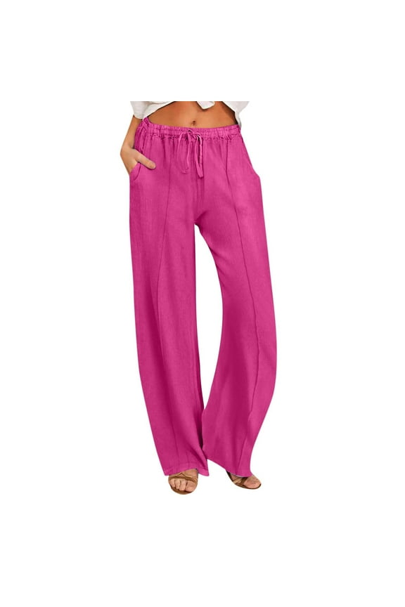 Women Knit Pants High Waist Casual Loose Drawstring Elastic Comfy Straight Wide Leg Long Pants with Pockets,Hot Pink,2XL
