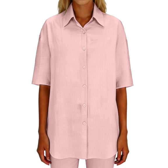 Hxshgdsn Women Linen Cardigan Shirts Button Down Short Sleeve Dressy Blouse Business Casual Summer Outfits Pink S