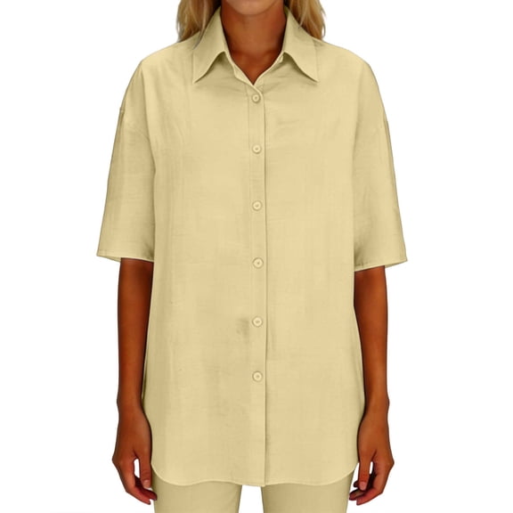 Hxshgdsn Women Linen Cardigan Shirts Button Down Short Sleeve Dressy Blouse Business Casual Summer Outfits Yellow L