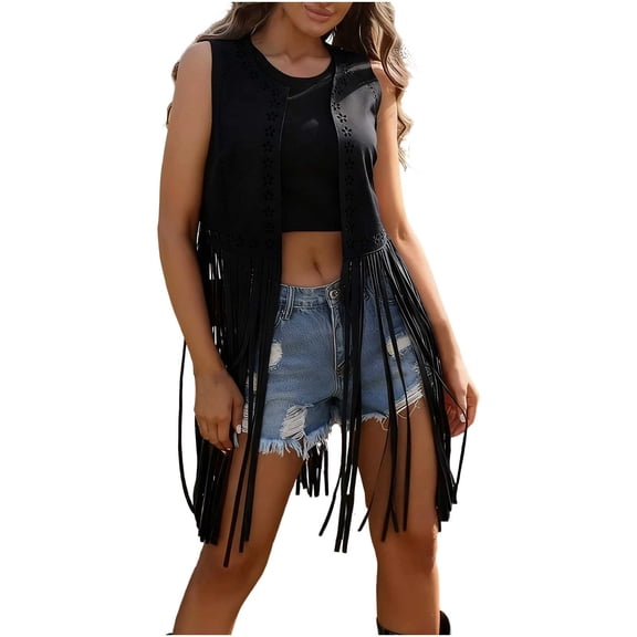 Hxshgdsn Women Open Front Tassel Vest Boho Western Faux Suede Fringe Cardigan Vintage Hippie Sleeveless Jacket Outwear Black S